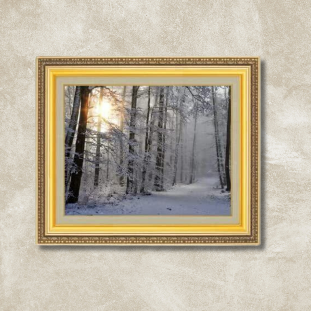 Winter sunlight landscape painting with trees, framed.