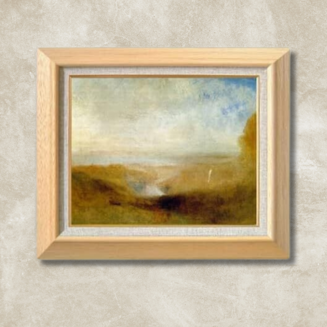 Turner landscape painting with river and bay in wooden frame