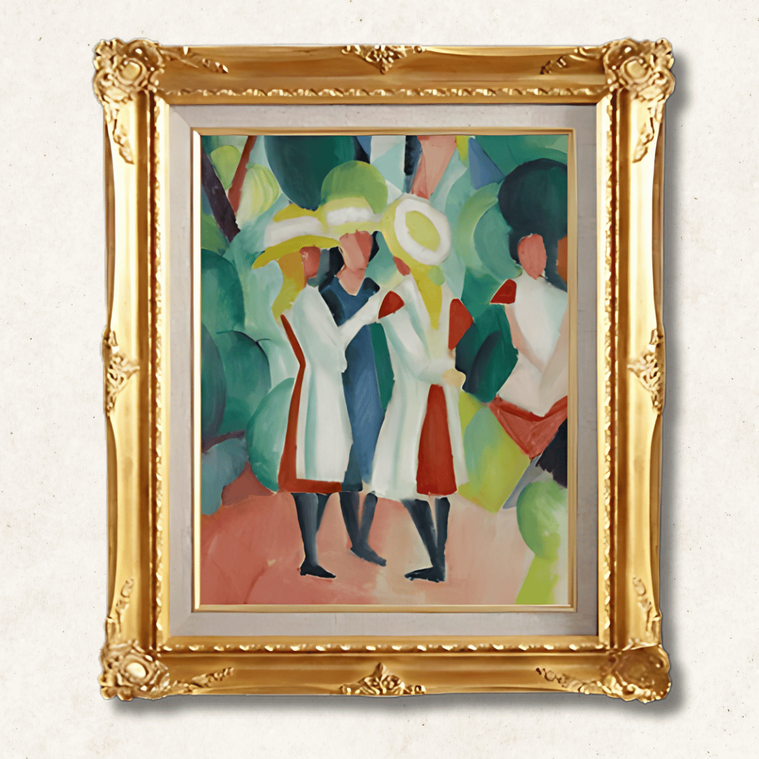 August Macke - Three Girls in Yellow Straw Hats F6 | Hand-Painted Oil Painting Framed for Home Decor - Commodore Club Art