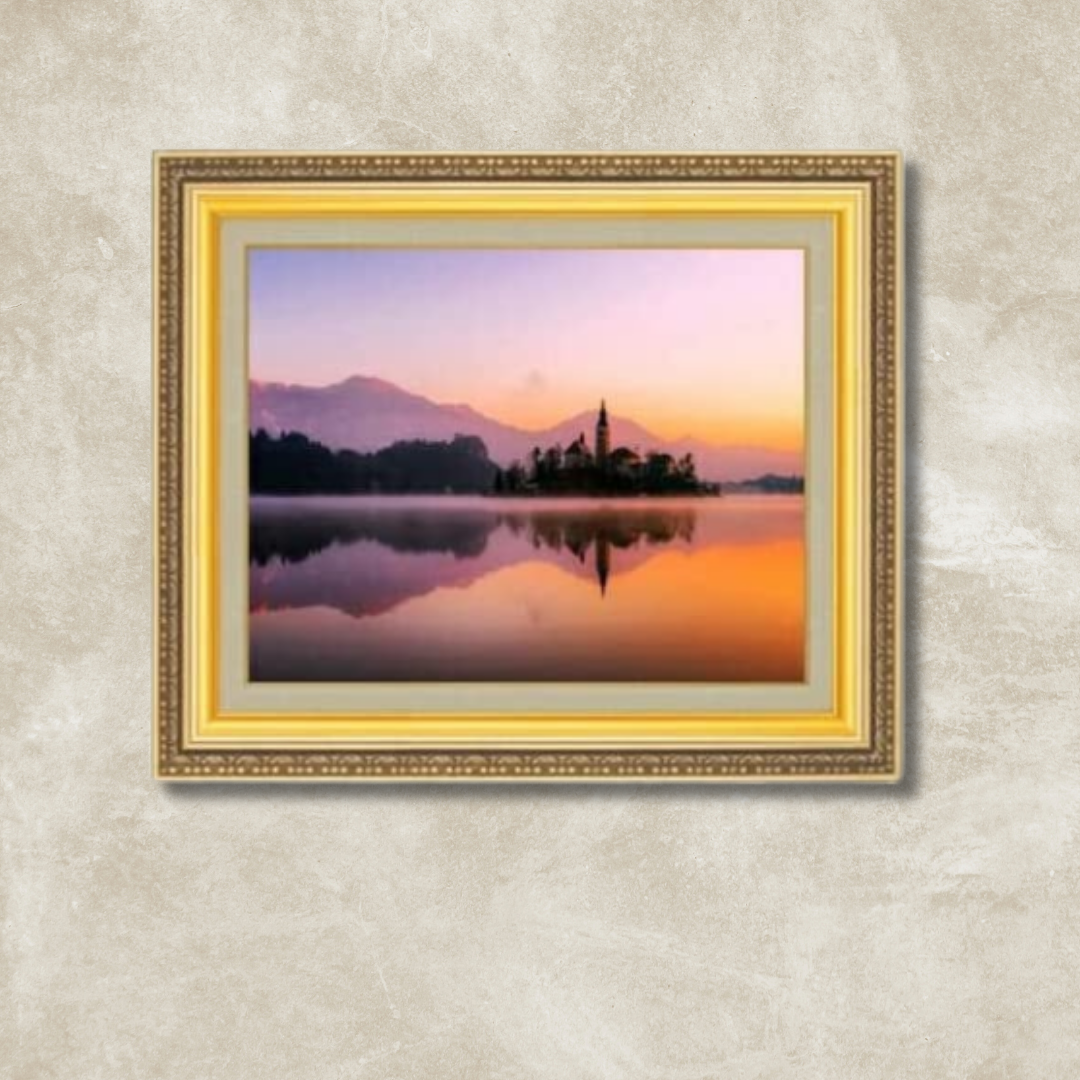 Sunrise Church landscape painting in gold frame