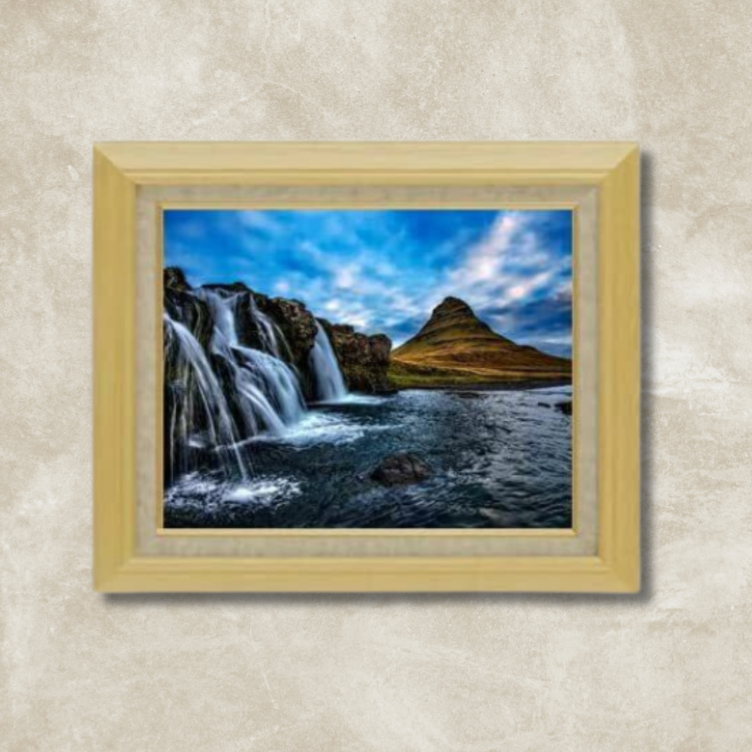 Kirkjufell landscape painting with waterfall, framed.