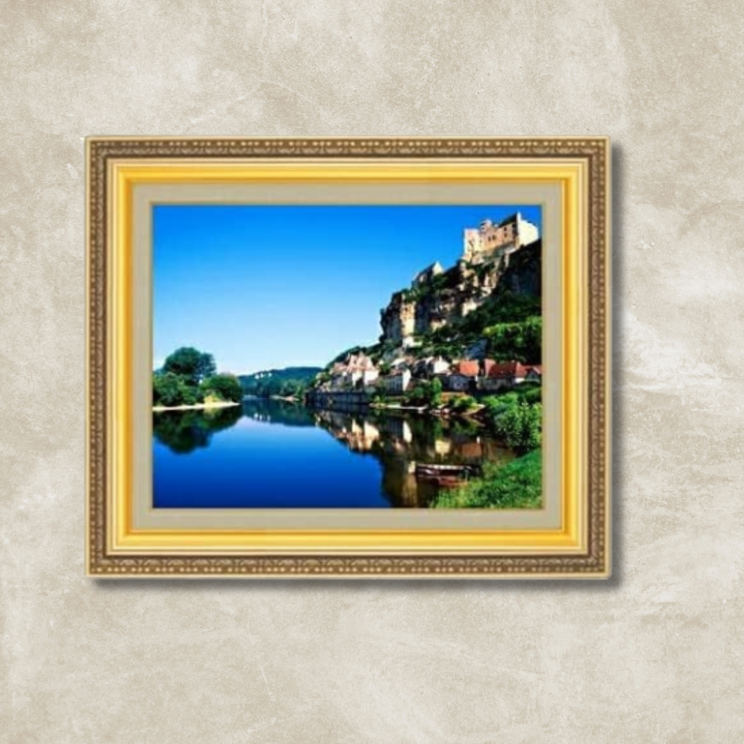 Navy Blue Beneath the Cliff landscape painting in gold frame