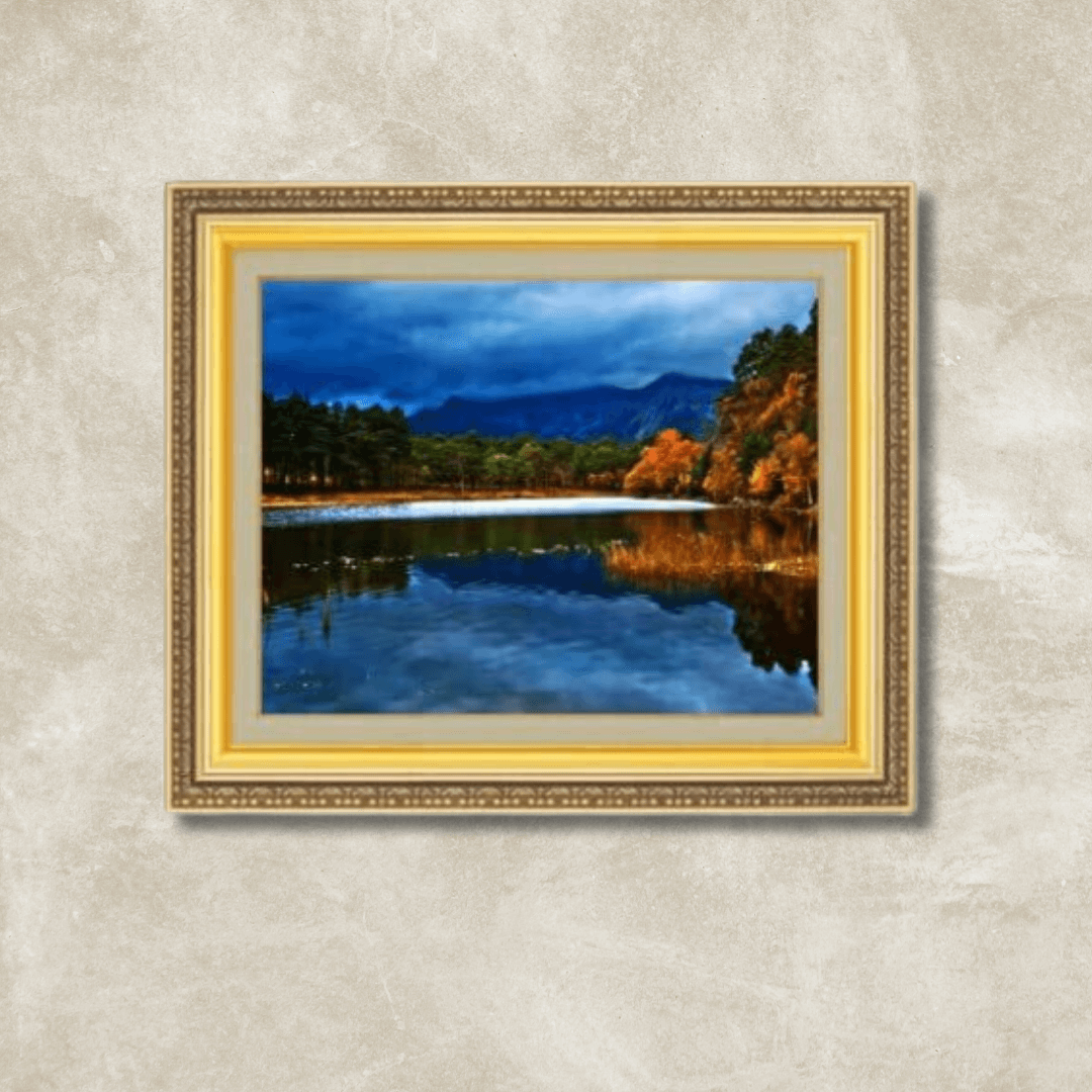 Early Autumn Lake painting in ornate gold frame