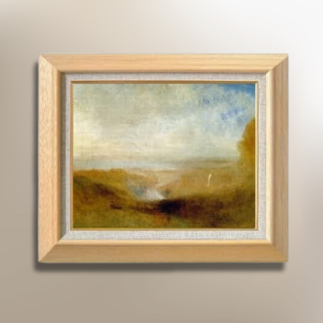 Turner landscape painting with river and bay in wooden frame